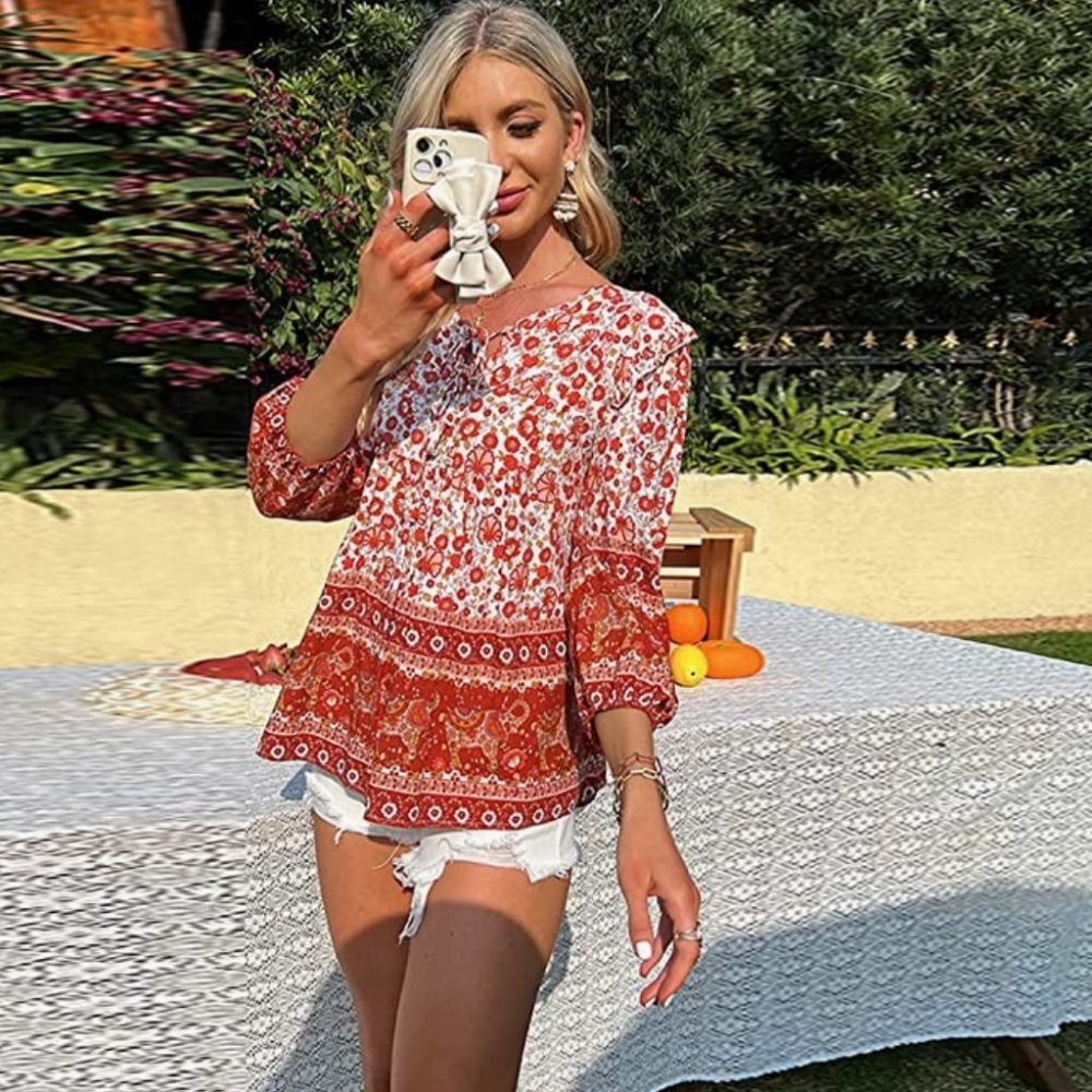 Red & White Boho Floral Printed Tie V-Neck Loose Flowy‎ Long Sleeve Top Blouse